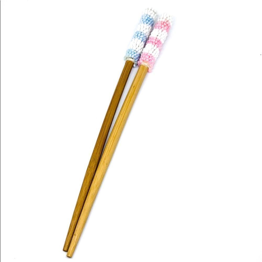 Wood Blue/Pink Beaded Chopstick Hair Accessory
